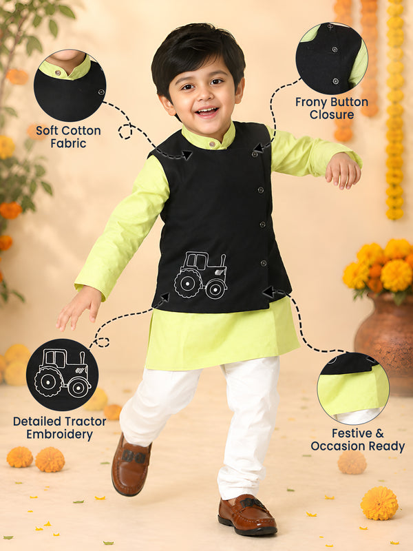 Polka Tots Full sleeves Tractor Embroidery Koti Kurta Pyjama - Green