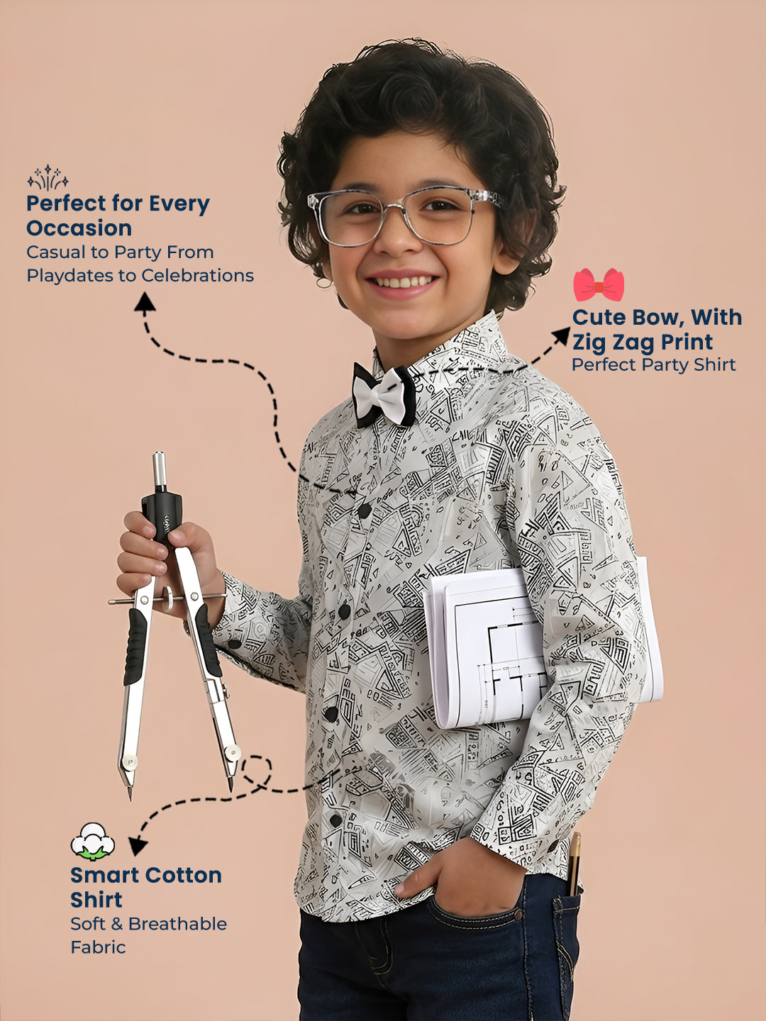 Polka Tots Cotton Regular Fit Full Sleeve Zig Zag Print Dual Bow Tie Shirt - White & Grey