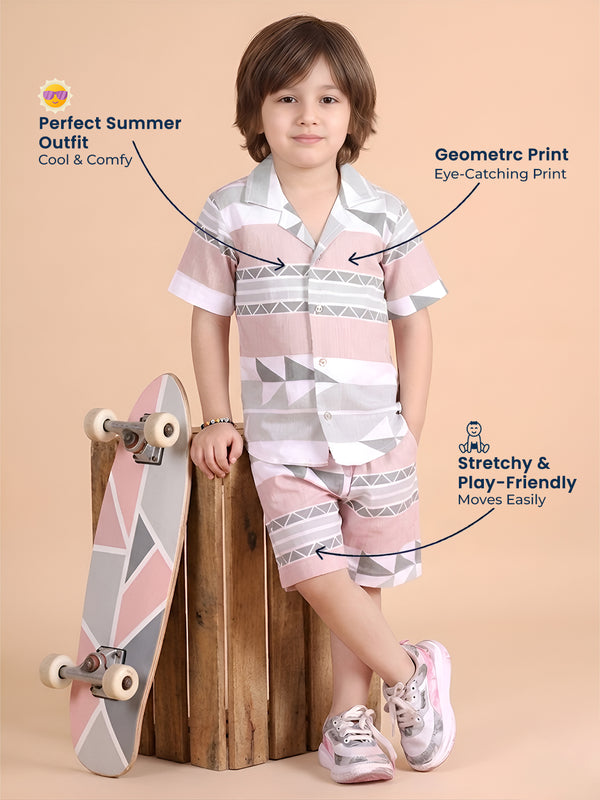 Polka Tots Half Sleeves Geometrc print Co-ord Shorts - Brown