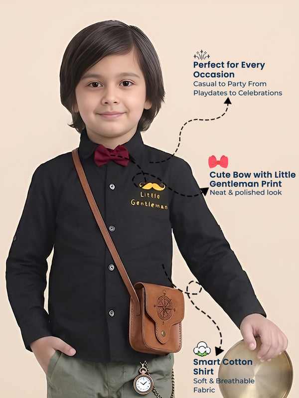Polka Tots Full Sleeve Shirt Little Gentleman print with Red Bow - Black