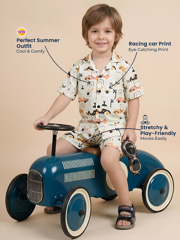 Polka Tots Half Sleeves Racing car print Shirt Shorts - Light Green