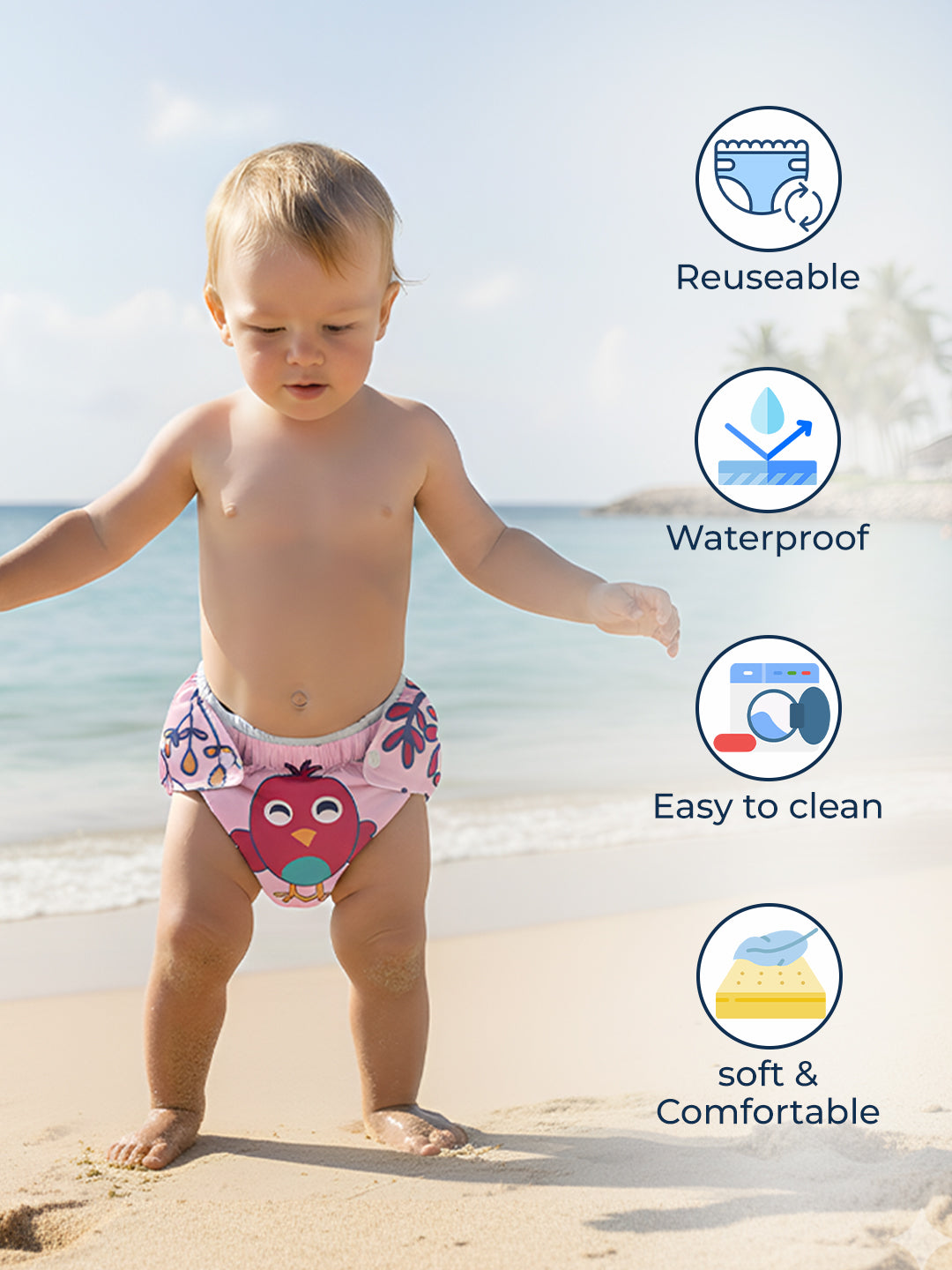 Child wearing a colorful swim diaper on a beach with icons indicating features like reuse, water resistance, ease of cleaning, and comfort.