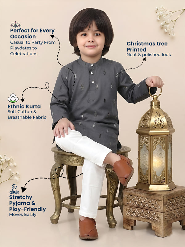 Polka Tots Full Sleeve Christmas tree Print Ethnic Kurta Pyjama Set - Grey