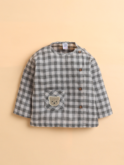 Polka Tots Soft Cotton Full-Sleeves Teddy Pocket Gingham Jhabla & Pant Set - Grey