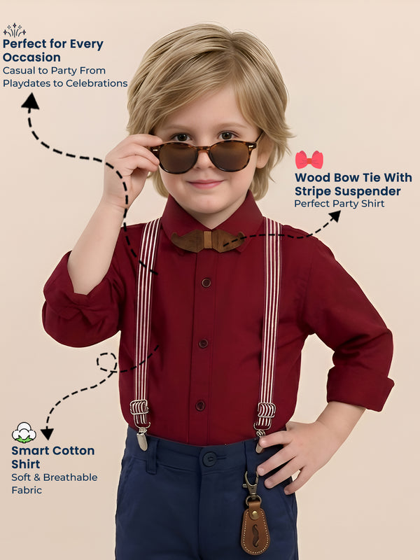 Polka Tots plain party shirt with wood bow tie and stripe suspender - Red