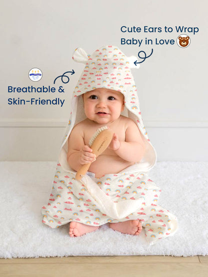 Polka Tots 100% Soft Muslin Cotton 2-Layer Hooded Baby Towel with Ear Appliqué - Rainbow Mist Print