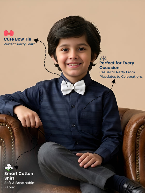 Polka Tots Full Sleeves Cotton Shirt with Bow Tie - Navy