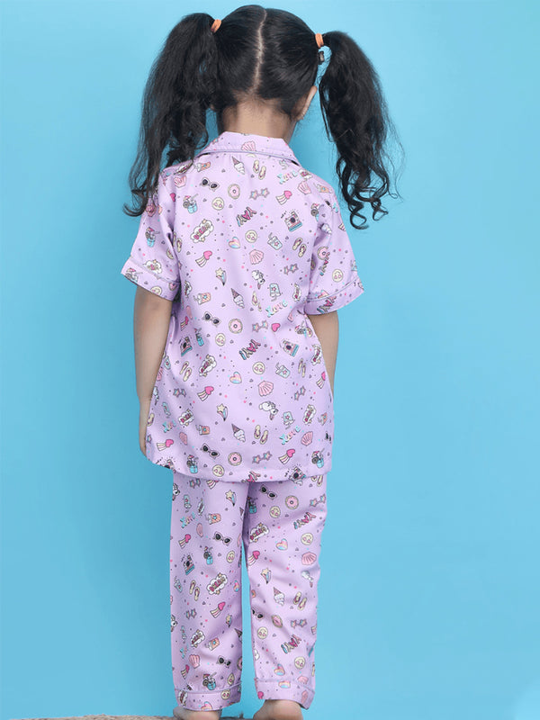 Polka Tots Half Sleeves Ice-cream print Night Suit - Purple