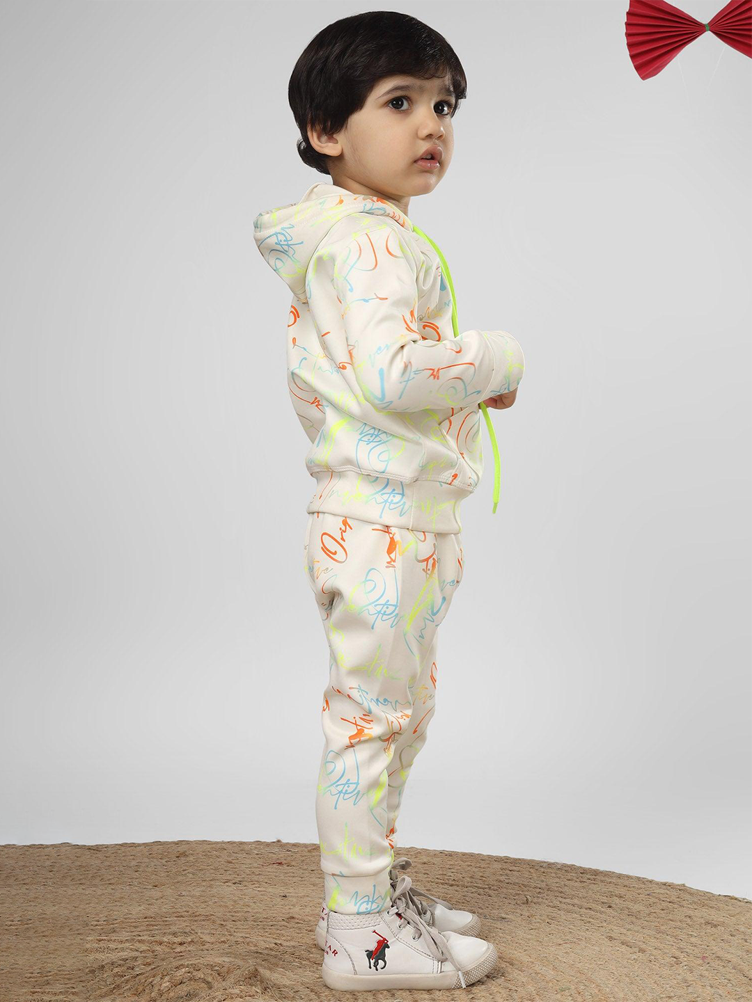 Polka Tots Full sleeve Neon Letters Print Co-ord Set - White