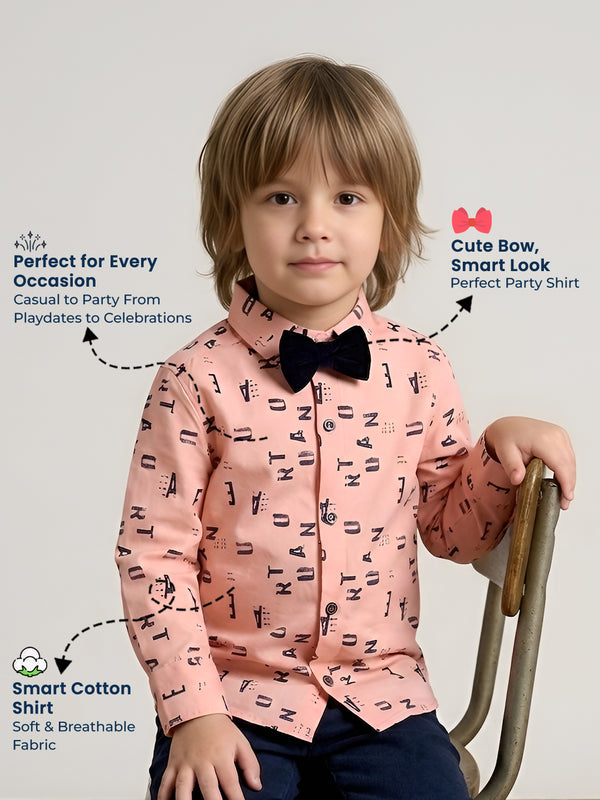 Polka Tots Full Sleeve Lycra Shirt Alphabet Print with Bow Tie Peach