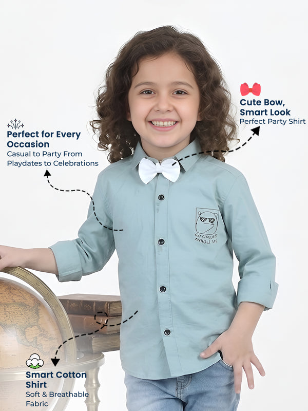 Polka Tots Full sleeve Ice Bear will Protect you print shirt with White Bow - Aqua Blue