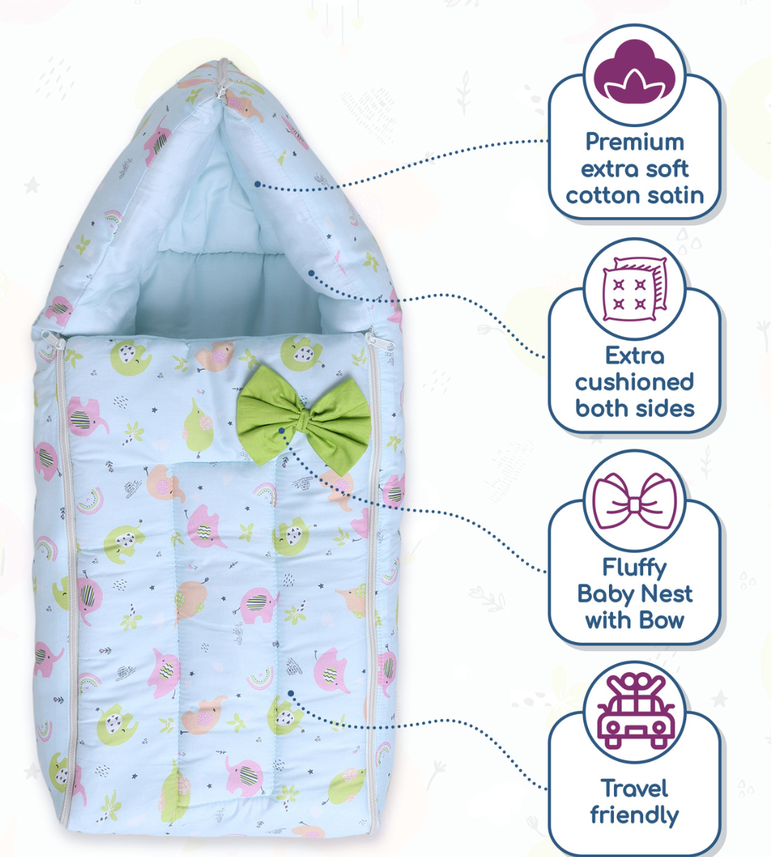 Polka Tots Baby Sleeping Nest Cotton Carry Pod Bedding for Newborn Sleeping Bag with a Bow -Elephant print Blue