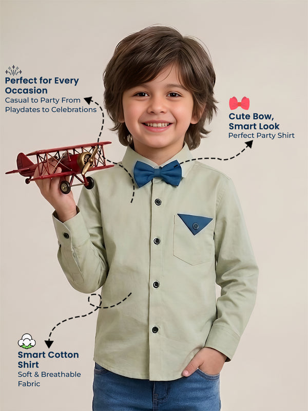 Polka Tots Full sleeves shirt with Bow Tie - Beige