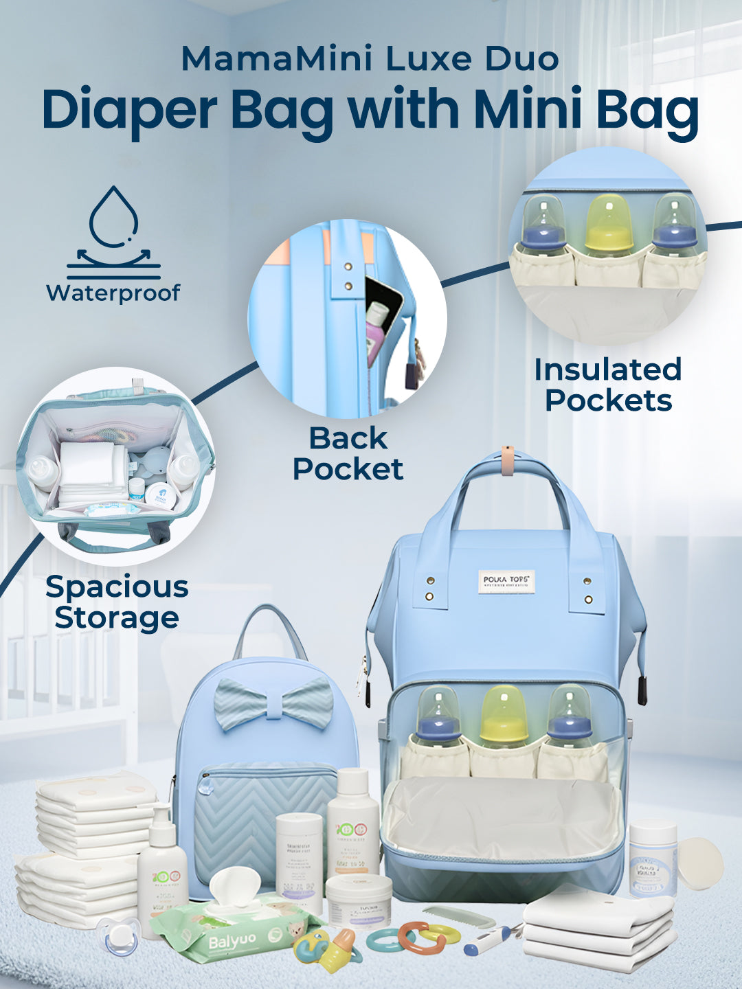 MamaMini Luxe Duo Diaper Bag with Tote and Mini Bag - Blue