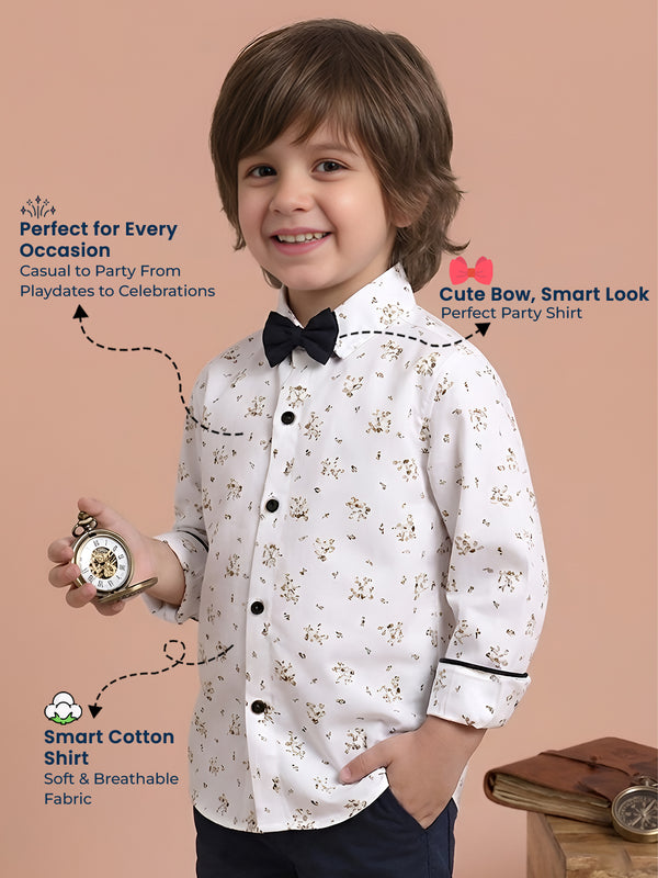 Polka Tots floral print party wear bow tie shirt - White
