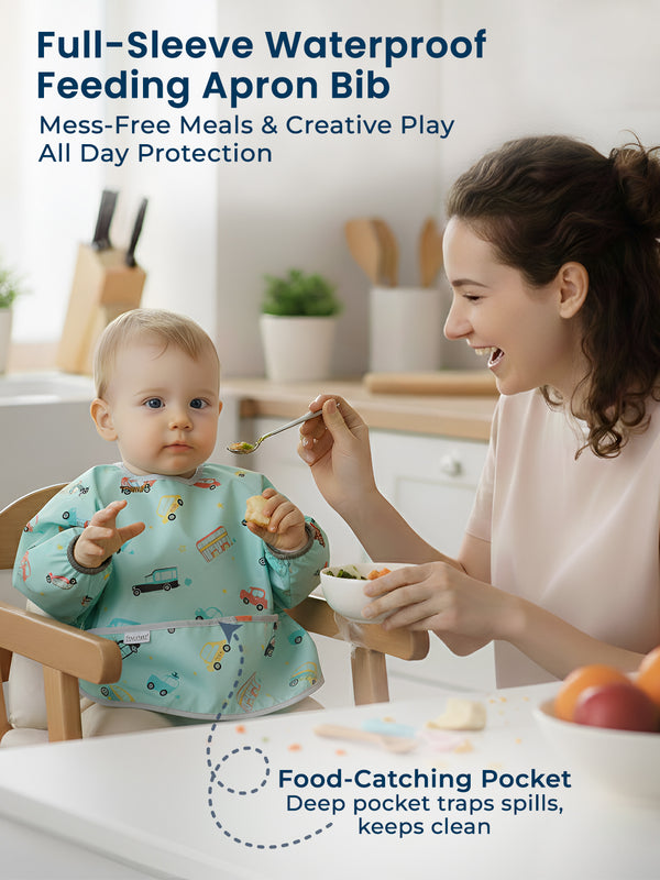 Full Sleeves Washable Waterproof Apron Feeding Bib for Babies (Car)