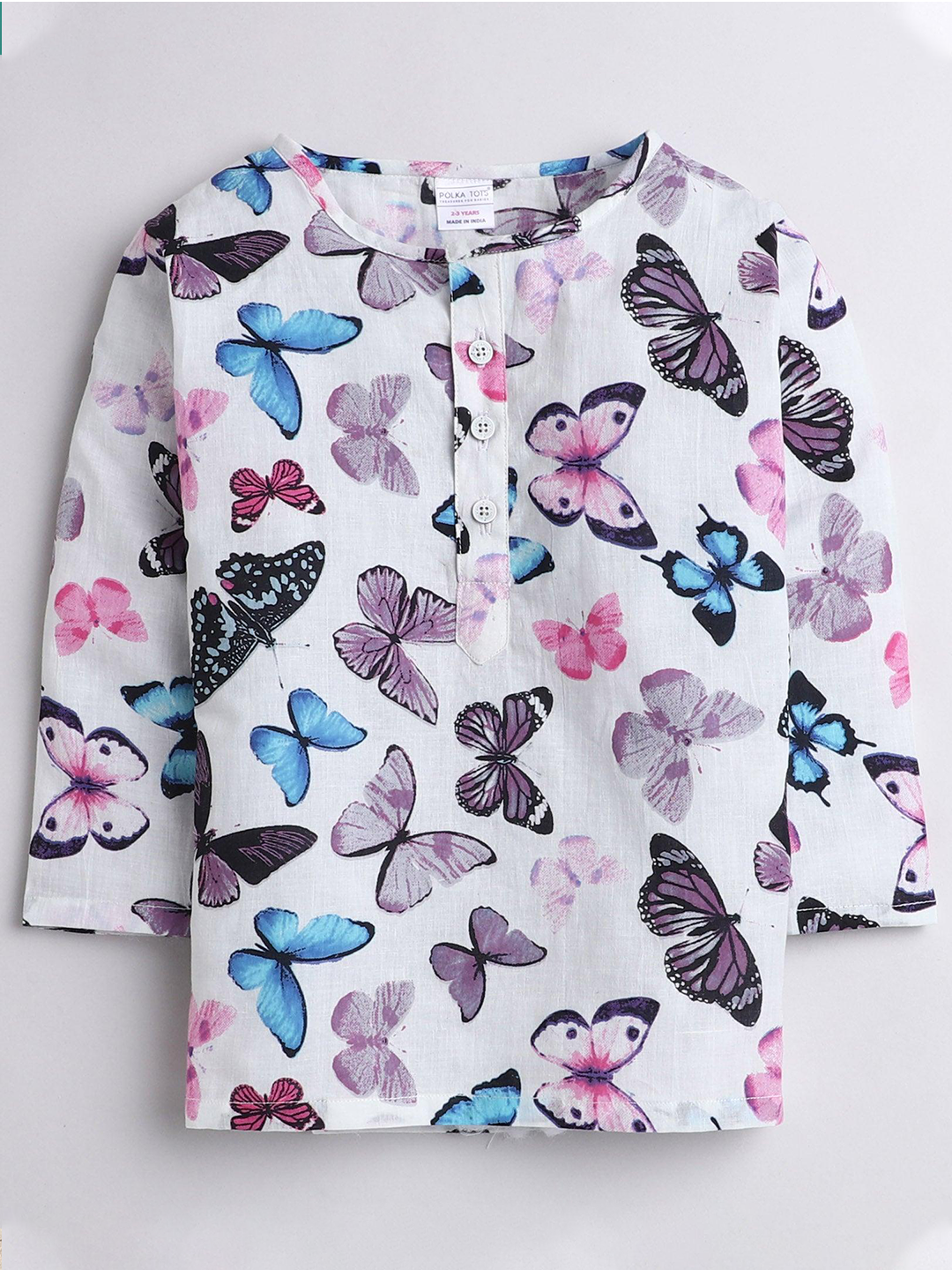 Polka Tots Butterfly print Full sleeves Nightwear Kurta pyjama set- White