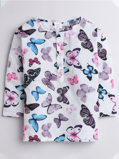 Polka Tots Butterfly print Full sleeves Nightwear Kurta pyjama set- White