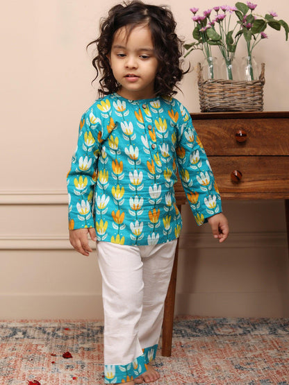 Polka Tots Lotus print Full sleeves Nightwear Kurta pyjama set - Blue