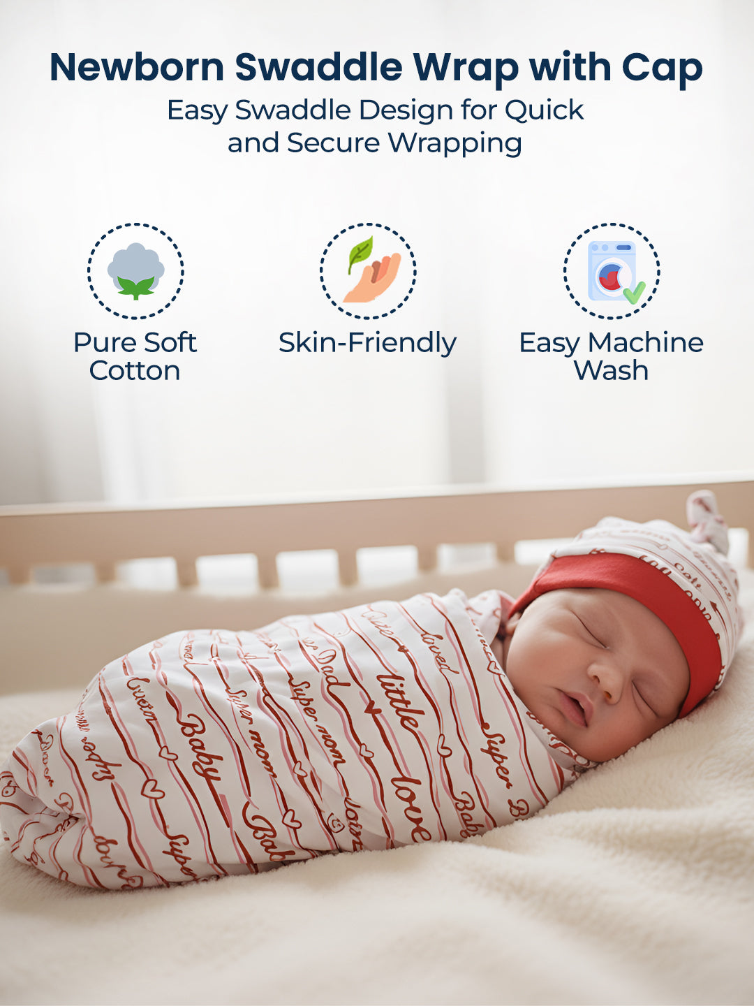 Newborn swaddled in a wrap with a cap, featuring text on the importance of the product.