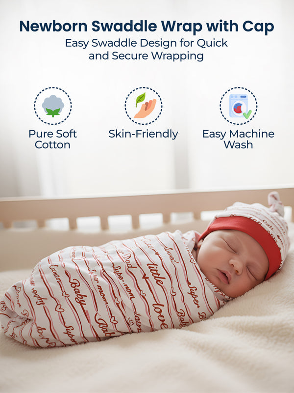 Polka Tots Love Print Swaddle wrap with Cap - Red