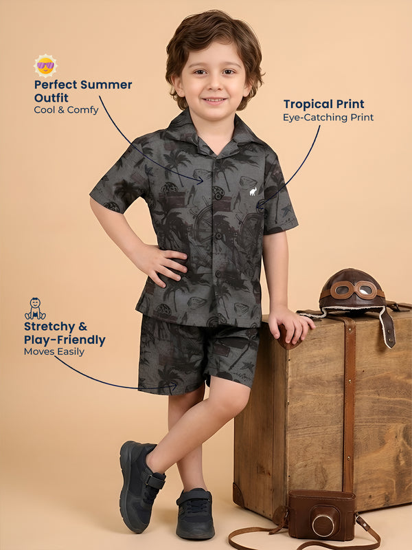 Polka Tots Half Sleeves Tropical print co-ord set - Black