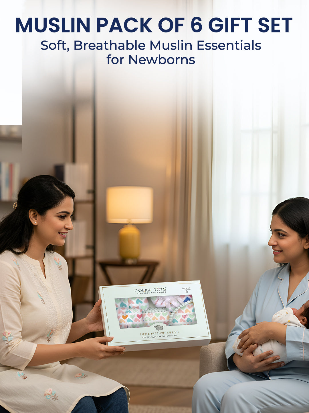 Polka Tots Newborn Pack of 6 100% Soft Double-Layer Muslin Cotton Essentials Gift Box - Mini Hearts Print