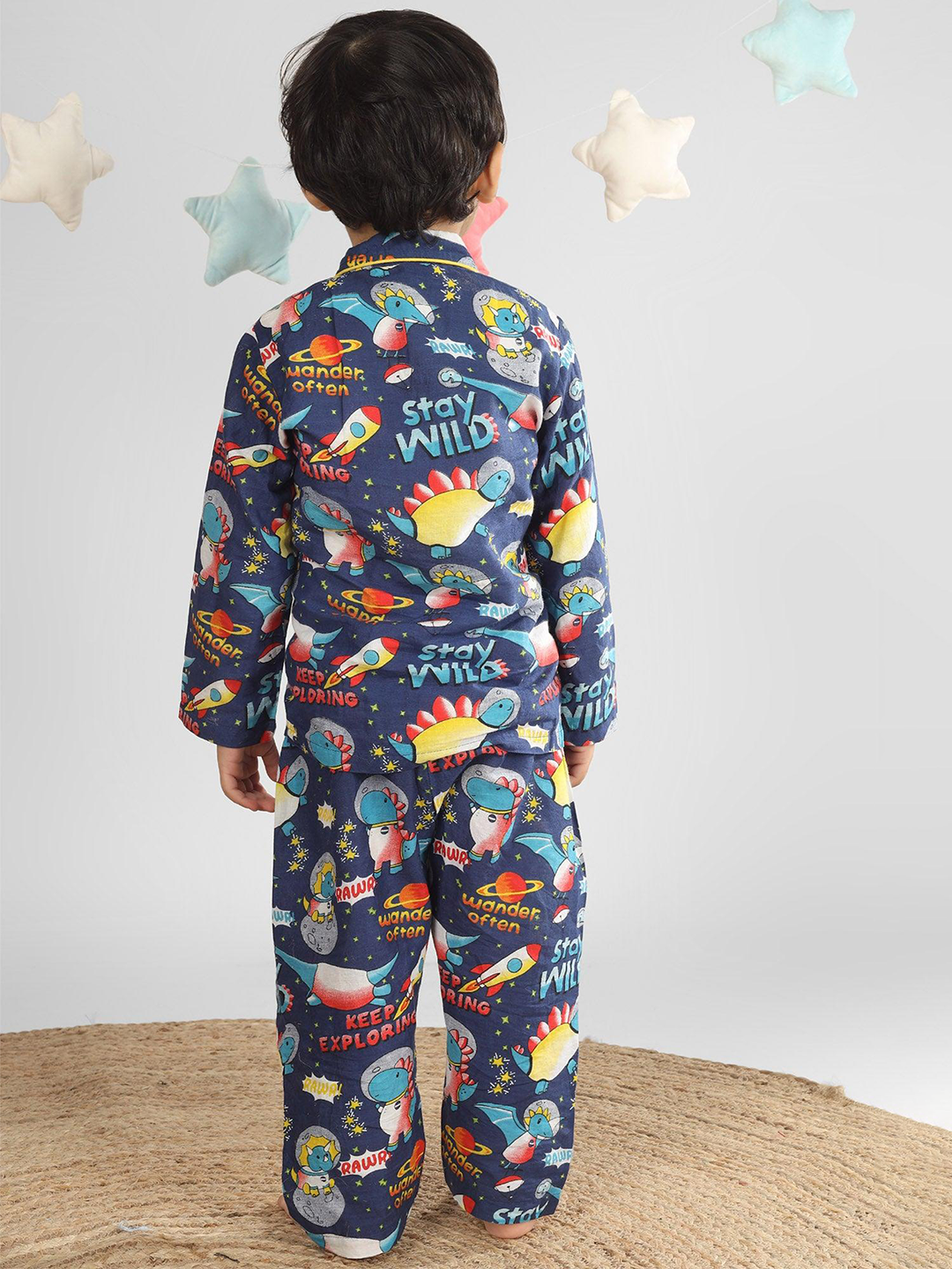 Polka Tots Full Sleeve Space print Night Suit - Blue