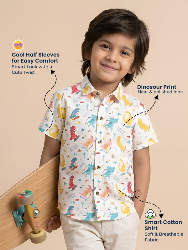 Polka Tots Half Sleeves Dinosour Print  Shirt - White