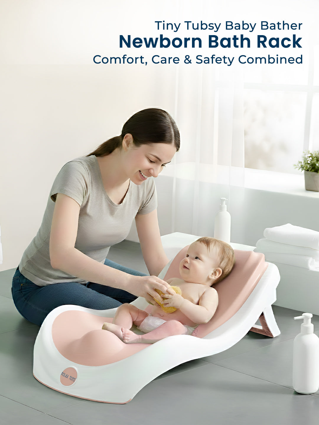 Woman using a baby bath rack with a baby in a bathroom setting.
