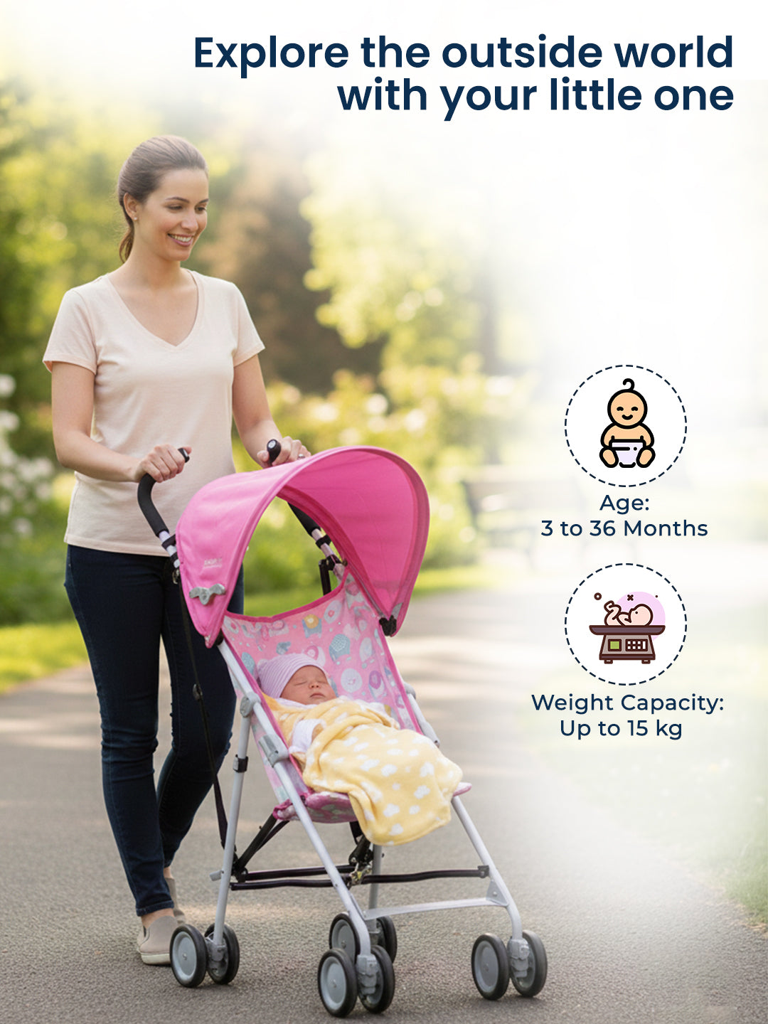 Woman pushing a pink stroller with a baby inside, set against a blurred outdoor background.