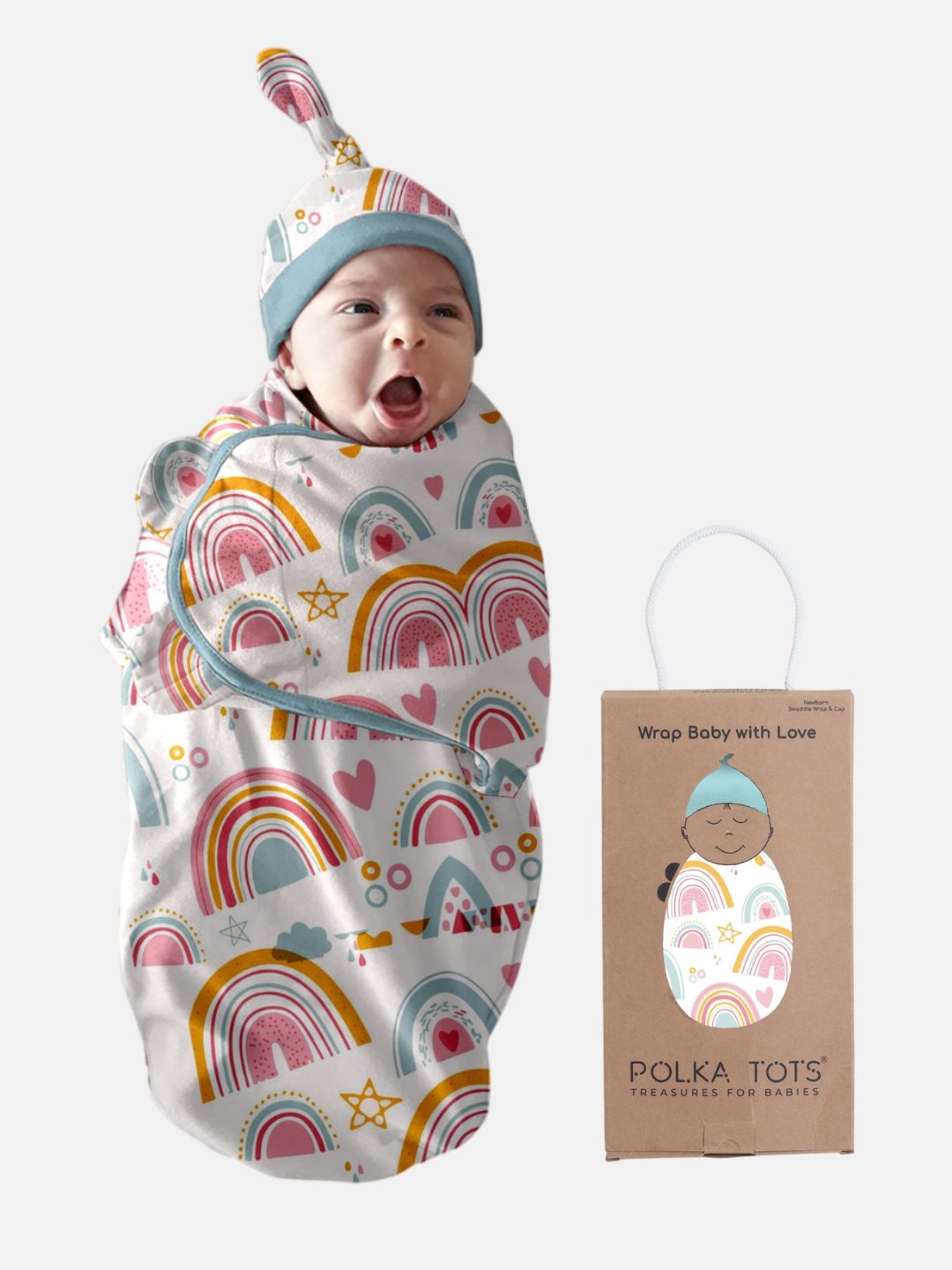 Baby wrapped in a colorful swaddle with a hat, next to a Polka Tots product packaging on a white background.