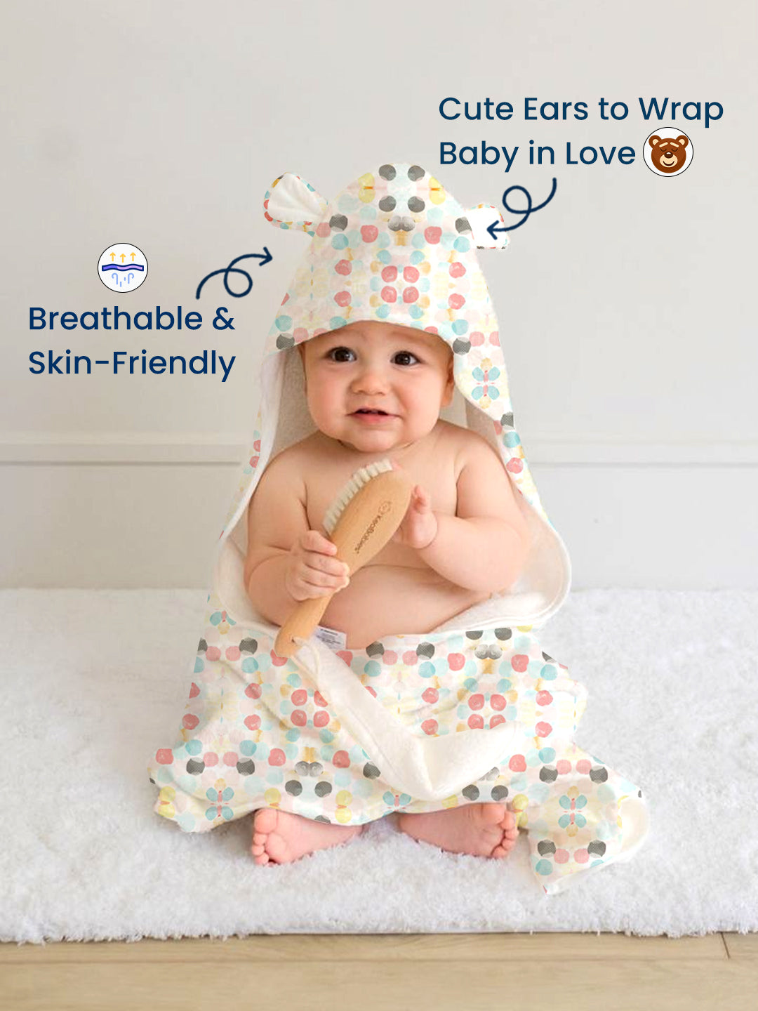 Polka Tots 100% Soft Muslin Cotton 2-Layer Hooded Baby Towel with Ear Appliqué - Polka Dots Print