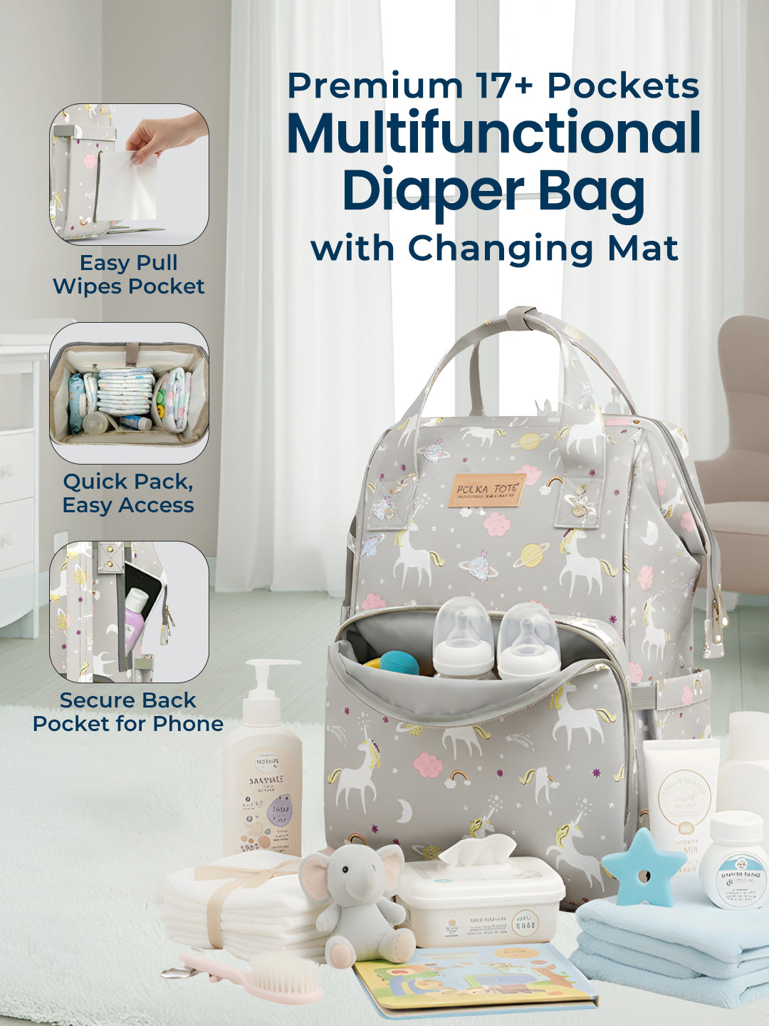 Multifunctional diaper bag with changing mat and baby items on a light background