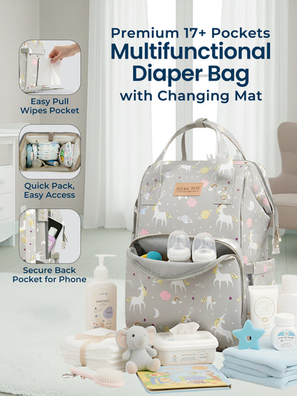 Multifunctional diaper bag with changing mat and baby items on a light background