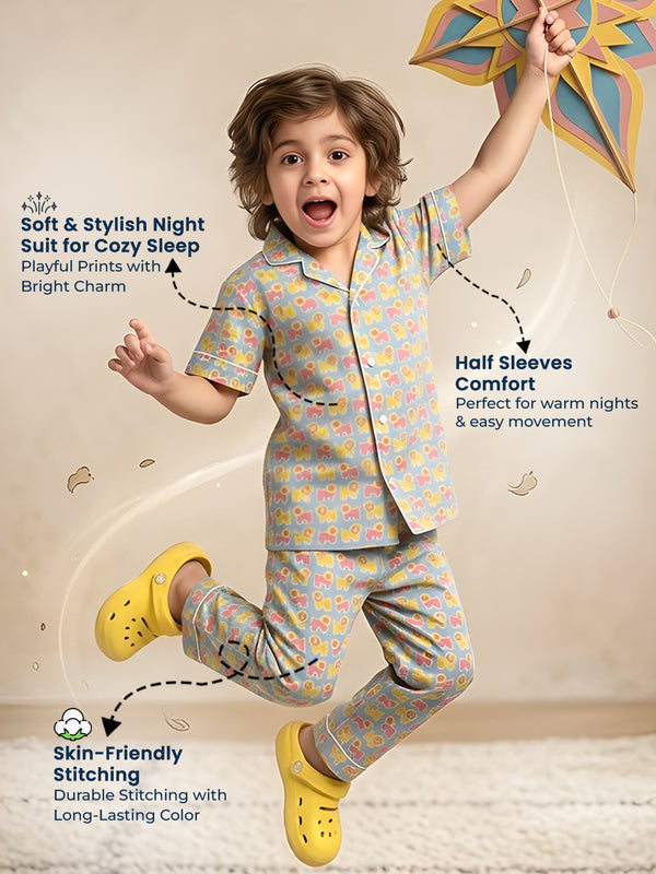 Polka Tots Half Sleeves Lion print Night Suit - Light Blue