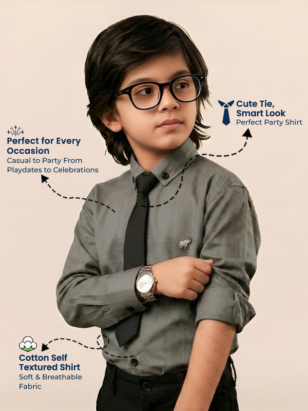 Polka Tots Full Sleeves  Cotton self textured Shirt with Tie - Green