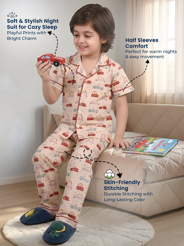 Polka Tots Half sleeves Car print Night Suit - Yellow
