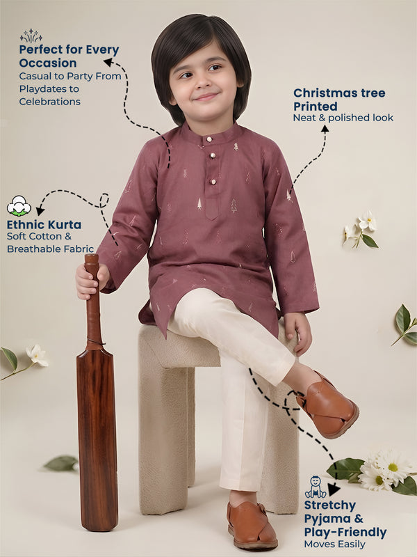 Polka Tots Full Sleeve Christmas tree Print Ethnic Kurta Pyjama Set - Pink