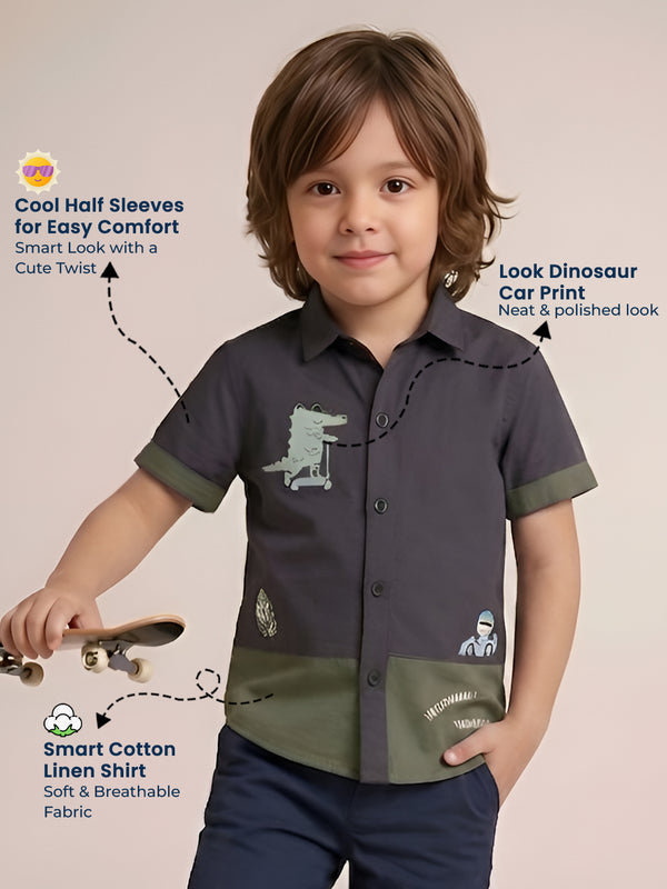 Polka Tots Half Sleeve Shirt 100% Cotton Linen Look Dinosaur Car - Grey