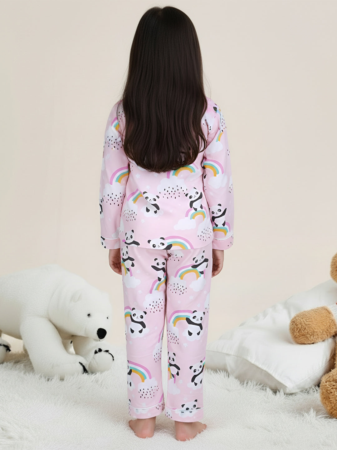 Polka Tots Full sleeve Panda Rainbow Print Night suit - Pink
