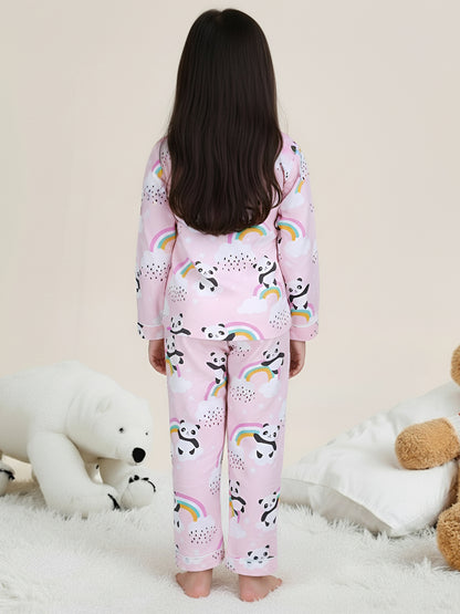 Polka Tots Full sleeve Panda Rainbow Print Night suit - Pink