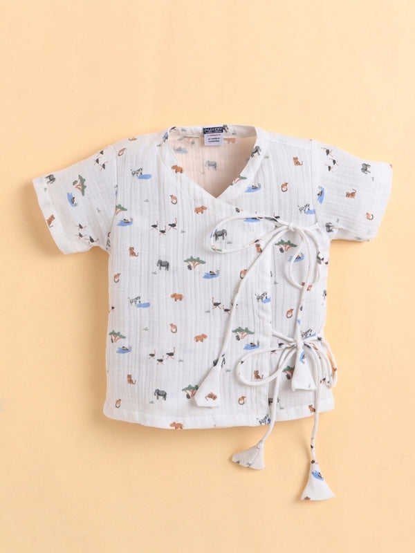 Polka Tots Wrinkled Muslin Cotton Jungle Safari Print Kediya Jhabla & Pant Set - White