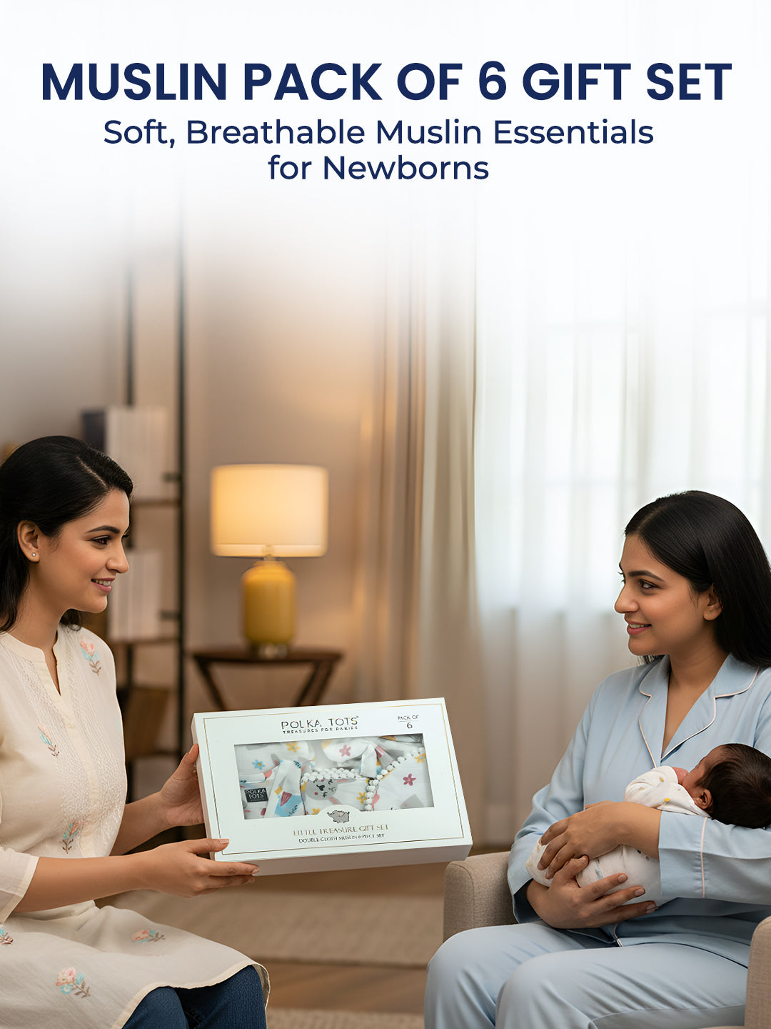 Polka Tots Newborn Pack of 6 100% Soft Double-Layer Muslin Cotton Essentials Gift Box - Hello Baby Print