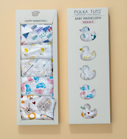 Polka Tots Newborn Pack of 5 100% Soft Muslin Cotton Washcloth Set