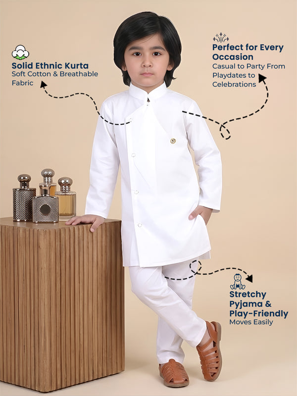 Polka Tots Full Sleeve Solid Ethnic Kurta Pyjama Set - White