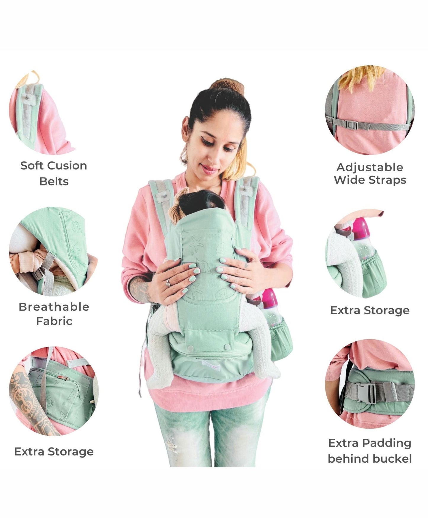 Polka Tots 6-in-1 Baby Carrier with Detachable Hip Seat, Lumbar Support & Cushioning (Shell Green)