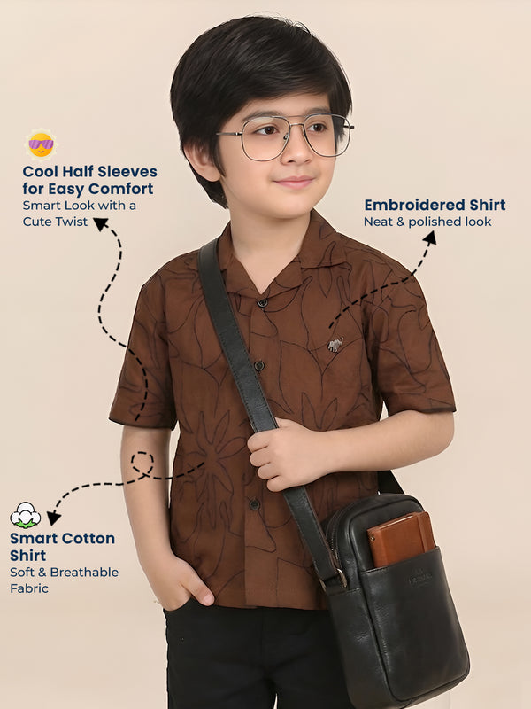 Polka Tots Half Sleeves Embroidered Shirt  - Brown