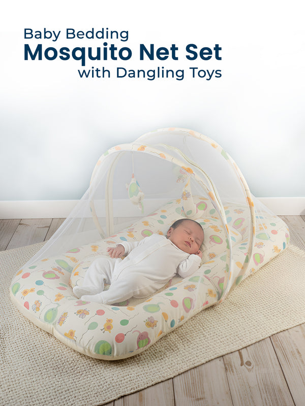 Polka Tots Cotton Baby Bedding Mosquito Net Set with Dangling Toys - Balloon Print Yellow