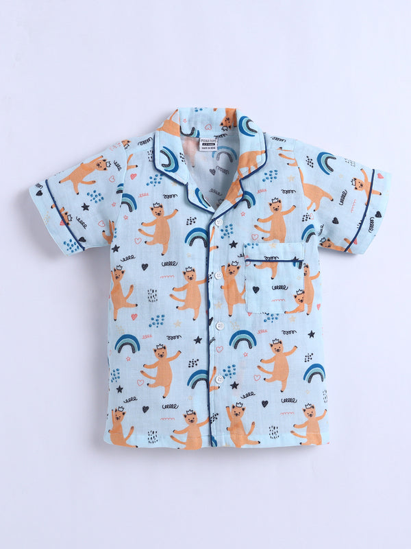 Polka Tots Half Sleeve Muslin Dancing Cat Night Suit- Blue